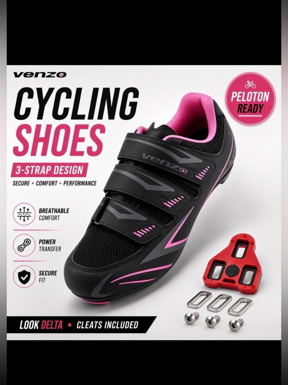Venzo Women's Black & Pink Cycling Shoes - 3-Strap Peloton Ready